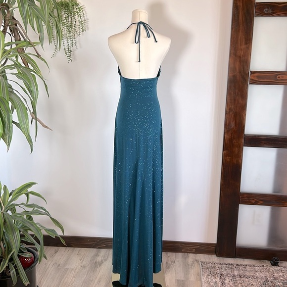 Vintage 90s Y2K Prom Elegant Sparkly Teal Halter Long Maxi Dress / Women’s Sz M - Picture 2 of 8